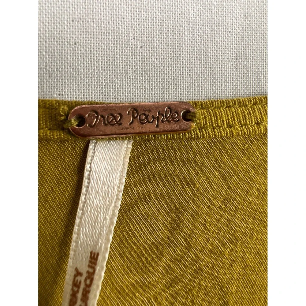 Free People Crop Top Women L Button Up Mustard Gold V-Neck Smocked Long Sleeve